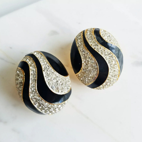 SOLDStJohn Black Enamel RhinestoneGoldClipEarrings - Picture 2 of 8